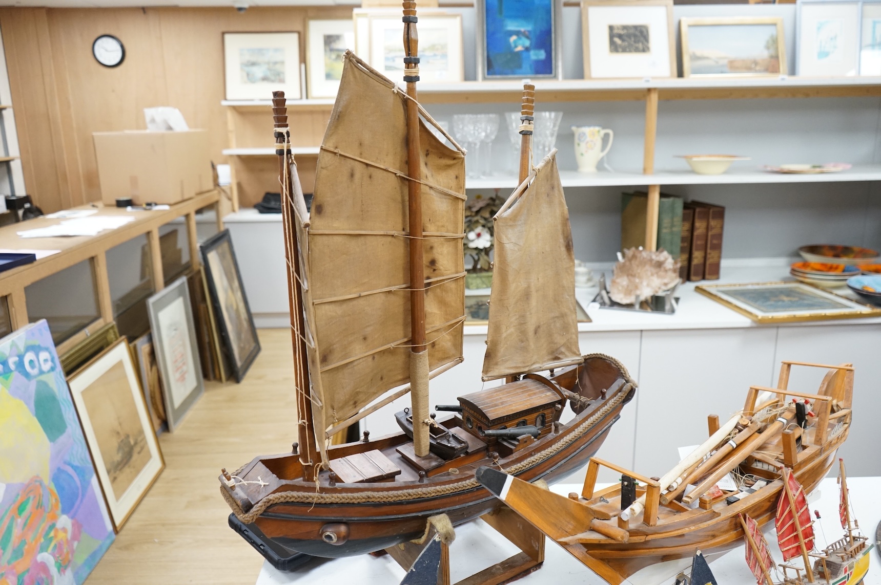 A model of a Chinese junk, a model ship and two other models of boats, largest 71cm in length